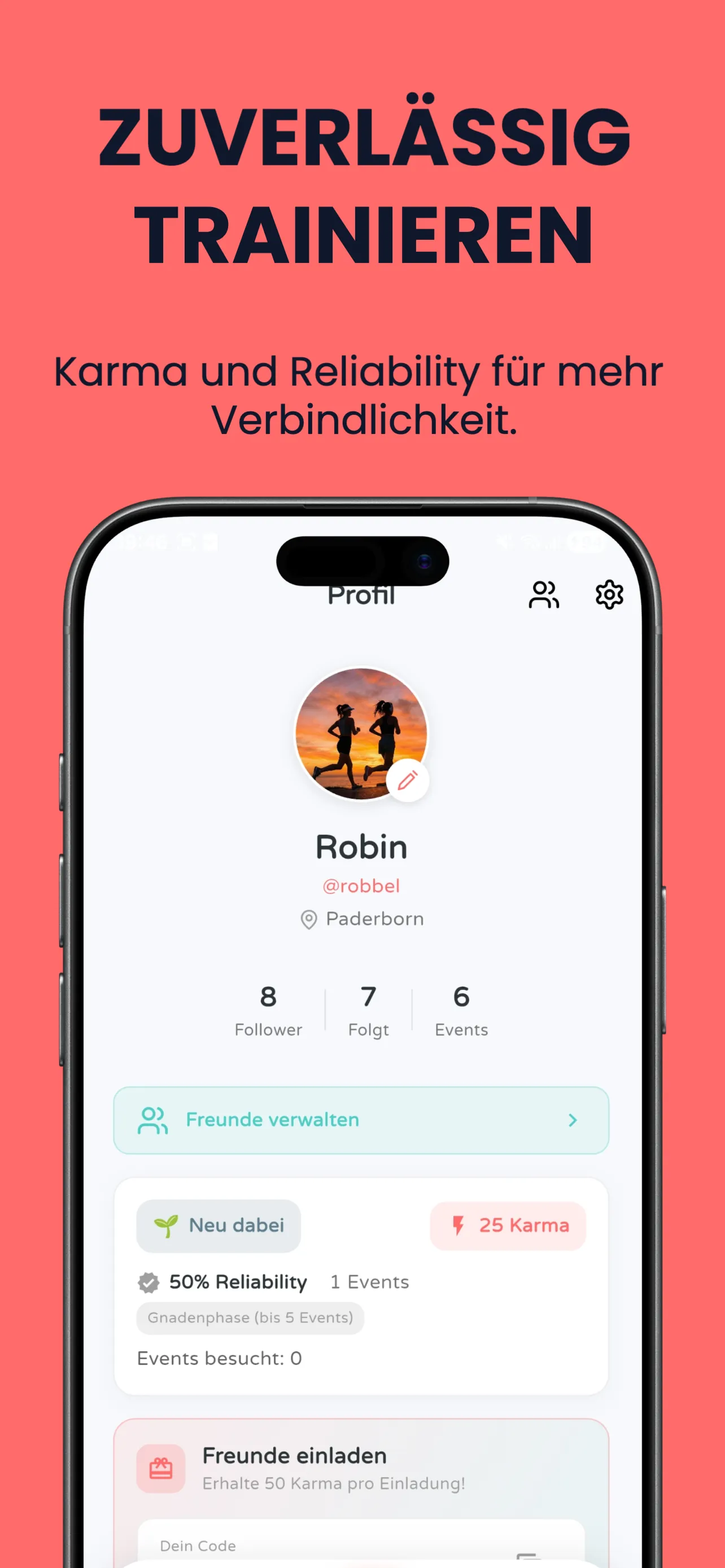 Movana App: Profilansicht mit Karma und Reliability-Wert