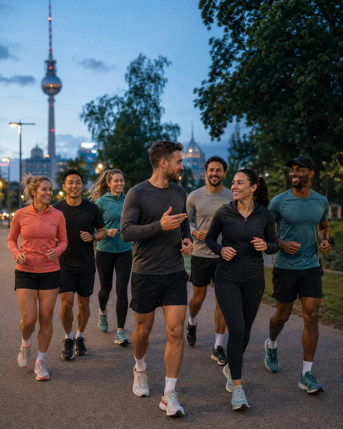 Eine vielfältige Laufgruppe bei einem gemeinsamen Abendlauf in der Stadt